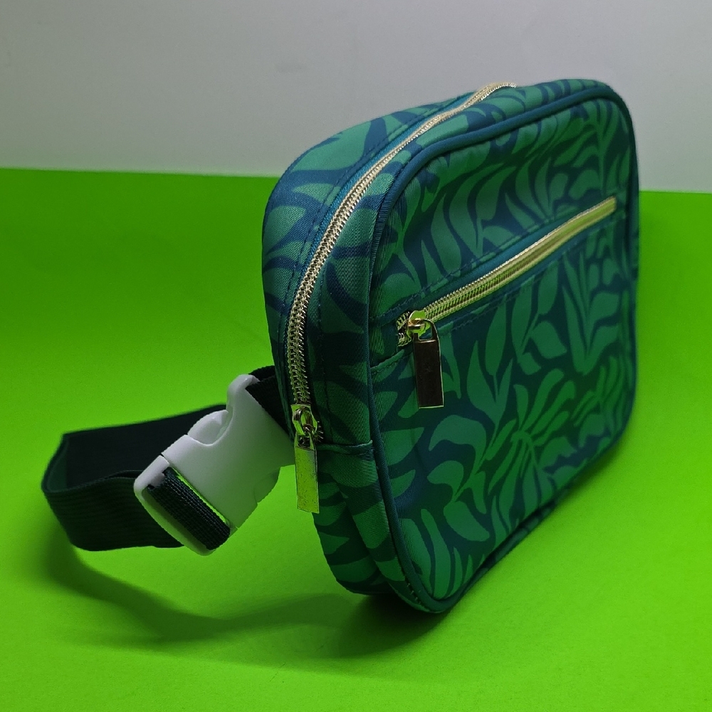 NWOT Fanny Pack Blue & Green Leaves Print. Adjustable Waist Strap